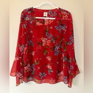 Cabi Sheer Floral Ruffle Blouse Large V-Neck Tie Front Boho ❤️
